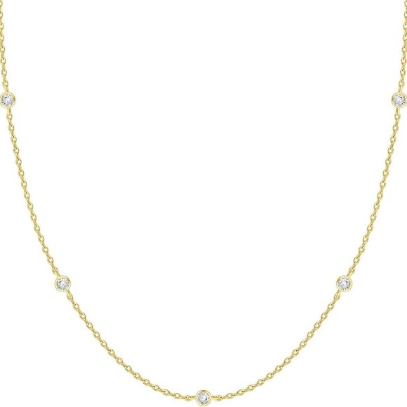Jewelry - 14K Gold Plated Station Necklace - Simulated Diamond BTY Layering Necklaces - Wo